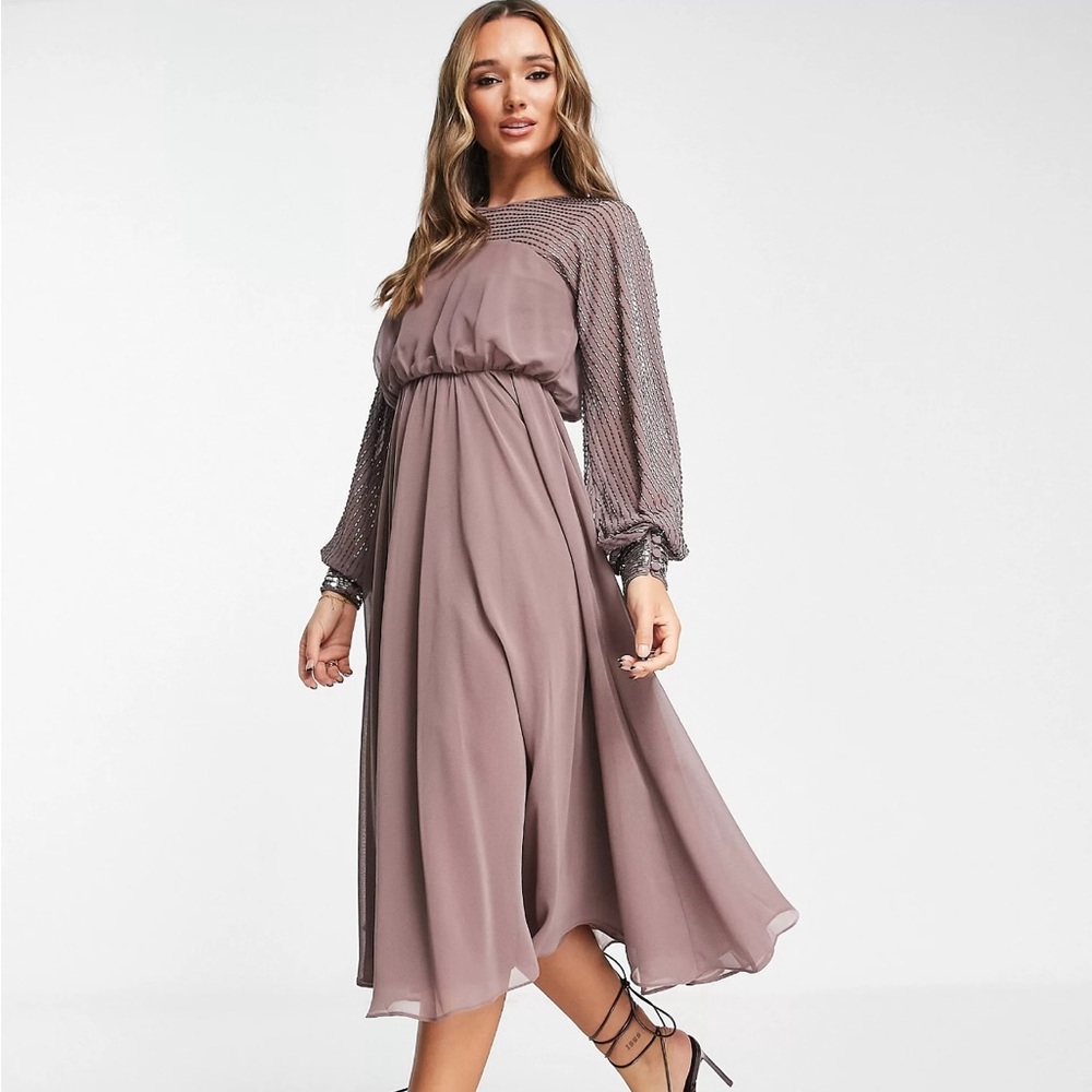 ASOS Mauve Midi Dress with Sheer Beaded Sleeves
